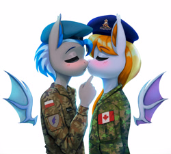 Size: 3969x3576 | Tagged: safe, artist:mrscroup, imported from derpibooru, oc, oc only, oc:alex batovsky, oc:ember eclipse, anthro, bat pony, bat pony oc, bat wings, beret, blushing, cadpat, canada, clothes, eyes closed, floating wings, hat, high res, kissing, oc x oc, poland, shipping, uniform, wings