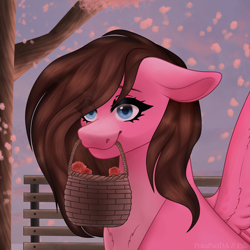 Size: 2000x2000 | Tagged: safe, artist:pokaparida, imported from derpibooru, oc, oc only, oc:rose petal, pegasus, pony, basket, female, floppy ears, high res, leaves, mare, mouth hold, solo, tree