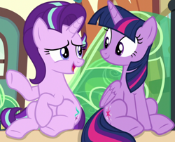 Size: 1256x1014 | Tagged: safe, imported from derpibooru, screencap, starlight glimmer, twilight sparkle, alicorn, pony, unicorn, season 6, the times they are a changeling, cropped, cute, duo, duo female, female, glimmerbetes, mare, sitting, train, twiabetes, twilight sparkle (alicorn)