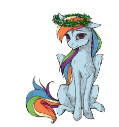 Size: 1500x1594 | Tagged: safe, artist:madhotaru, imported from derpibooru, imported from ponybooru, rainbow dash, pegasus, pony, female, floral head wreath, flower, looking at you, mare, simple background, sitting, smiling, smiling at you, solo, transparent background