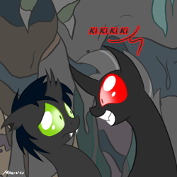 Size: 1000x1000 | Tagged: safe, artist:srmario, imported from derpibooru, oc, oc only, oc:flik, oc:reinflak, changeling, broken horn, bust, cave, changeling oc, duo, grin, horn, laughing, male, red changeling, smiling, worried