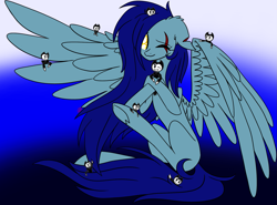 Size: 1923x1425 | Tagged: safe, artist:donnie-moon, imported from derpibooru, oc, oc only, oc:eclipse, pegasus, pony, abstract background, bendy and the ink machine, crossover, eye scar, one eye closed, pegasus oc, scar, sitting, smiling, underhoof, wings, wink