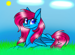 Size: 1753x1286 | Tagged: safe, artist:donnie-moon, imported from derpibooru, oc, oc only, pegasus, pony, eyelashes, female, grass, lying down, mare, outdoors, pegasus oc, prone, smiling, solo, wings