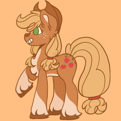 Size: 1024x1024 | Tagged: safe, artist:yourrdazzle, imported from derpibooru, applejack, pony, alternate design, orange background, raised hoof, redesign, simple background, solo