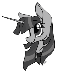 Size: 1107x1407 | Tagged: safe, artist:donnie-moon, imported from derpibooru, twilight sparkle, pony, unicorn, bust, collar, eyelashes, female, grayscale, horn, mare, monochrome, simple background, smiling, solo, transparent background, unicorn twilight