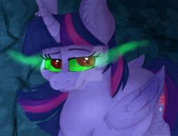 Size: 1024x782 | Tagged: safe, artist:millefaller, imported from derpibooru, twilight sparkle, alicorn, pony, corrupted twilight sparkle, deviantart watermark, eyelashes, female, horn, mare, obtrusive watermark, solo, sombra eyes, twilight sparkle (alicorn), watermark, wings