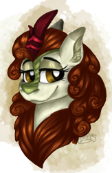 Size: 743x1140 | Tagged: safe, artist:millefaller, imported from derpibooru, autumn blaze, kirin, bust, eyelashes, female, lidded eyes, signature, simple background, smiling, solo, transparent background