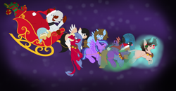 Size: 2000x1040 | Tagged: safe, artist:aonairfaol, imported from derpibooru, oc, oc only, pegasus, pony, :p, base used, christmas, eyelashes, flying, glowing horn, hat, holiday, holly, horn, levitation, magic, pegasus oc, santa hat, self-levitation, sled, telekinesis, tongue out, wings