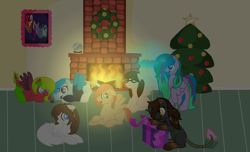 Size: 3536x2144 | Tagged: safe, artist:aonairfaol, imported from derpibooru, oc, oc only, pegasus, pony, base used, christmas, christmas tree, christmas wreath, female, fire, fireplace, high res, holiday, indoors, mare, present, tree, two toned wings, wings, wreath