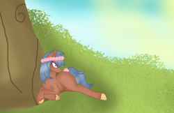 Size: 2948x1914 | Tagged: safe, artist:aonairfaol, imported from derpibooru, oc, oc only, earth pony, pony, colored hooves, earth pony oc, floral head wreath, flower, outdoors, solo, tree