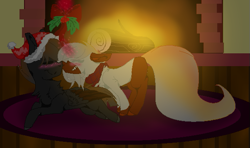 Size: 603x358 | Tagged: safe, artist:aonairfaol, imported from derpibooru, oc, oc only, pegasus, pony, unicorn, blushing, christmas, duo, fireplace, glowing horn, hat, holiday, holly, holly mistaken for mistletoe, horn, indoors, magic, male, pegasus oc, santa hat, stallion, telekinesis, two toned wings, wings