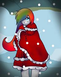 Size: 416x525 | Tagged: safe, artist:aonairfaol, imported from derpibooru, rainbow dash, human, cloak, clothes, female, hair over one eye, humanized, outdoors, snow, solo