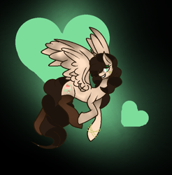 Size: 671x683 | Tagged: safe, artist:aonairfaol, imported from derpibooru, oc, oc only, pegasus, pony, abstract background, female, flying, grin, hair over one eye, mare, pegasus oc, smiling, solo, wings