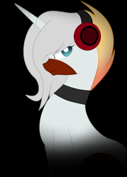 Size: 804x1120 | Tagged: safe, artist:aonairfaol, imported from derpibooru, oc, oc only, pony, unicorn, base used, black background, choker, female, headphones, horn, mare, simple background, smiling, solo, unicorn oc