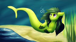 Size: 1000x556 | Tagged: safe, artist:xblueashesx, imported from derpibooru, oc, oc only, hybrid, merpony, seapony (g4), bubble, chest fluff, digital art, ear fluff, eyelashes, female, fish tail, flowing mane, green mane, looking up, ocean, purple eyes, sand, seaweed, smiling, solo, tail, underwater, unshorn fetlocks, water