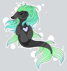 Size: 846x903 | Tagged: safe, artist:trigger-bolt, imported from derpibooru, oc, oc only, merpony, seapony (g4), adoptable, bubble, dorsal fin, eyes closed, fish tail, flowing mane, flowing tail, freckles, gray background, green mane, heart, simple background, solo, tail