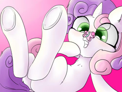 Size: 1600x1200 | Tagged: artist needed, source needed, safe, artist:abracadabra, derpibooru exclusive, imported from derpibooru, sweetie belle, butterfly, pony, unicorn, butterfly on nose, grin, insect on nose, smiling, solo, underhoof