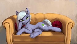 Size: 2000x1163 | Tagged: safe, artist:mrscroup, imported from derpibooru, limestone pie, earth pony, pony, commission, couch, cute, draw me like one of your french girls, female, frog (hoof), limabetes, looking at you, mare, smiling, solo, underhoof, when she smiles