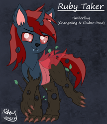 Size: 1817x2113 | Tagged: safe, artist:mihay, artist:mihaynoms, imported from derpibooru, oc, oc only, oc:ruby taker, changeling, original species, timber pony, timber wolf, introduction, red changeling, species swap, timberling, unique species