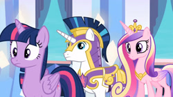 Size: 3410x1920 | Tagged: safe, imported from derpibooru, screencap, princess cadance, shining armor, twilight sparkle, alicorn, pony, unicorn, season 6, the times they are a changeling, crown, cute, cutedance, female, jewelry, male, mare, regalia, shining adorable, stallion, twiabetes, twilight sparkle (alicorn)