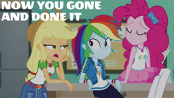 Size: 1280x720 | Tagged: safe, edit, edited screencap, editor:quoterific, imported from derpibooru, screencap, applejack, pinkie pie, rainbow dash, equestria girls, equestria girls series, forgotten friendship, applejack's hat, belt, clothes, cowboy hat, cutie mark, cutie mark on clothes, denim skirt, eyes closed, female, geode of sugar bombs, geode of super speed, geode of super strength, hat, hoodie, jewelry, magical geodes, necklace, open mouth, skirt, tanktop, trio, trio female
