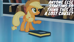 Size: 1280x720 | Tagged: safe, edit, edited screencap, editor:quoterific, imported from derpibooru, screencap, applejack, earth pony, pony, season 3, the crystal empire, applejack's hat, book, cowboy hat, female, floppy ears, hat, library, mare, open mouth, solo
