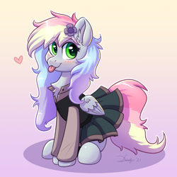 Size: 2480x2480 | Tagged: safe, artist:dandy, imported from derpibooru, oc, oc only, oc:blazey sketch, pegasus, pony, :p, blushing, chest fluff, clothes, ear fluff, female, flower, flower in hair, gradient background, heart, high res, looking at you, multicolored hair, sitting, skirt, solo, tongue out, vest, wings