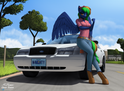 Size: 7706x5671 | Tagged: safe, artist:clear vision, imported from derpibooru, oc, oc only, oc:twisted cyclone, anthro, pegasus, unguligrade anthro, breasts, car, clothes, commission, explicit source, female, ford, ford crown victoria, jeans, looking at you, mare, pants, pegasus oc, solo, vehicle, wings