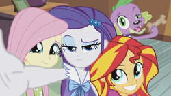 Size: 1334x750 | Tagged: source needed, safe, imported from derpibooru, screencap, fluttershy, rarity, spike, sunset shimmer, dog, equestria girls, rainbow rocks, cute, female, nightwear, photobomb, selfie, spike the dog, trio, trio female