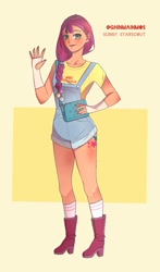 Size: 1161x1971 | Tagged: safe, artist:ghinmainmos, imported from derpibooru, sunny starscout, human, boots, clothes, cutie mark on human, female, g5, overalls, shoes, simple background, solo, text, twilight sparkle's cutie mark, yellow background