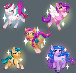 Size: 4640x4480 | Tagged: safe, artist:ohhoneybee, imported from derpibooru, hitch trailblazer, izzy moonbow, pipp petals, sunny starscout, zipp storm, earth pony, pegasus, pony, unicorn, adorapipp, adorazipp, backwards cutie mark, bag, black background, blushing, coat markings, colored hooves, colored wings, cute, facial markings, female, g5, grin, male, mane five (g5), mare, markings, one eye closed, open mouth, pale belly, pin, royal sisters (g5), siblings, simple background, sisters, smiling, socks (coat markings), stallion, star (coat marking), unshorn fetlocks, wings, wink