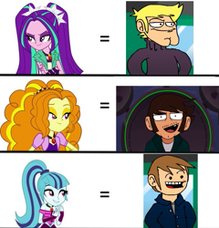 Size: 577x600 | Tagged: safe, imported from derpibooru, adagio dazzle, aria blaze, sonata dusk, equestria girls, rainbow rocks, comparison, crossover, crossover shipping, eddsworld, eduardagio, eduardo (eddsworld), female, hammer & fail, implied shipping, jon (eddsworld), jonata, male, mark (eddsworld), markaria, shipping, the dazzlings