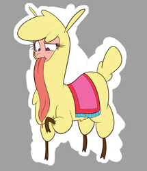 Size: 1860x2160 | Tagged: safe, artist:hitsuji, imported from derpibooru, alpaca, them's fightin' herds, carpet, cloven hooves, community related, confused, impossibly long tongue, long tongue, looking down, paprika (tfh), raised hoof, solo, tongue out