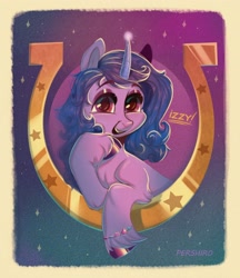 Size: 3000x3474 | Tagged: safe, artist:harellysad, imported from derpibooru, izzy moonbow, pony, unicorn, cute, female, g5, high res, horseshoes, izzybetes, mare, open mouth, solo, unshorn fetlocks