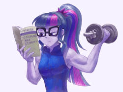 Size: 1024x768 | Tagged: safe, artist:grissaecrim, artist:raikoh, imported from derpibooru, sci-twi, twilight sparkle, equestria girls, book, clothes, female, fit, glasses, muscles, muscular female, ponytail, reading, shirt, sleeveless, sleeveless shirt, solo, that girl sure does love books, that pony sure does love books, twilight muscle, weight lifting, weights