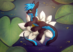 Size: 2000x1414 | Tagged: safe, artist:dinoalpaka, imported from derpibooru, oc, oc only, oc:river, alp-luachra, original species, pony, commission, forked tongue, lilypad, male, pond, solo, tongue out