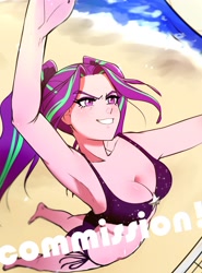 Size: 2277x3083 | Tagged: safe, artist:amazingpuffhair, imported from derpibooru, aria blaze, equestria girls, armpits, ass, barefoot, beach, bikini, breasts, butt, cleavage, clothes, commission, disguise, disguised siren, feet, high res, legs, obtrusive watermark, ocean, pigtails, sand, sleeveless, solo, sports, swimsuit, text, twintails, volleyball, watermark