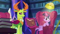 Size: 1280x720 | Tagged: safe, imported from derpibooru, screencap, thorax, twilight sparkle, alicorn, changedling, changeling, pony, season 7, triple threat, book, female, king thorax, magic, male, mare, smiling, telekinesis, twilight sparkle (alicorn), twilight's castle