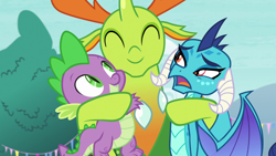 Size: 1280x720 | Tagged: safe, imported from derpibooru, screencap, princess ember, spike, thorax, changedling, changeling, dragon, season 7, triple threat, ^^, cute, dragon horns, dragoness, emberbetes, eyes closed, female, horns, hug, king thorax, male, open mouth, smiling, spikabetes, thorabetes, unamused