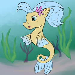 Size: 1300x1300 | Tagged: safe, artist:apatheticxaddict, imported from derpibooru, princess skystar, sea pony, my little pony: the movie, female, flower, flower in hair, freckles, g1, g4, g4 to g1, generation leap, mare, solo, style emulation, underwater