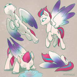 Size: 2048x2048 | Tagged: safe, artist:pfeffaroo, imported from derpibooru, zipp storm, pegasus, pony, behaving like a bird, colored hooves, drinking, eyes closed, female, flying, g5, gray background, high res, mare, puddle, simple background, slim, solo, spread wings, tongue out, unshorn fetlocks, water, wings