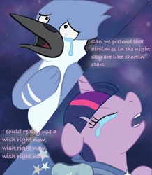 Size: 1732x1990 | Tagged: safe, artist:amynewblue, imported from derpibooru, twilight sparkle, bird, blue jay, pony, unicorn, aeroplanes and meteor showers, airplanes (song), clothes, crossover, crossover shipping, crying, dress, female, gala dress, male, mare, meme, mordecai, mordetwi, redraw mordetwi meme, regular show, shipping, straight, text, unicorn twilight