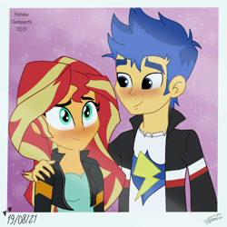 Size: 1000x1000 | Tagged: safe, artist:hatakeclarissa, imported from derpibooru, flash sentry, sunset shimmer, equestria girls, blushing, female, flashimmer, male, shipping, straight