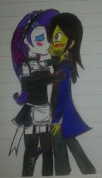 Size: 382x664 | Tagged: safe, artist:karadeg, derpibooru exclusive, imported from derpibooru, rarity, oc, oc:karadeg, equestria girls, canon x oc, clothes, doctor who, garter belt, kissing, lined paper, maid, shipping, socks, sonic screwdriver, stockings, surprise kiss, thigh highs, traditional art