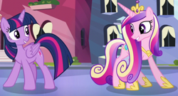 Size: 1218x659 | Tagged: safe, imported from derpibooru, screencap, princess cadance, twilight sparkle, alicorn, pony, season 6, the times they are a changeling, crown, cute, cutedance, duo, duo female, female, jewelry, mare, regalia, sisters-in-law, sunshine sunshine, twiabetes, twilight sparkle (alicorn)