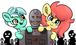 Size: 3996x2371 | Tagged: safe, artist:yelowcrom, imported from derpibooru, lyra heartstrings, oc, oc only, oc:brushie, earth pony, pony, robot, undead, unicorn, zombie, beanbrows, blood, blushing, call of duty, call of duty zombies, ear fluff, eyebrows, eyebrows visible through hair, female, german, high res, klaus, mare, trio focus