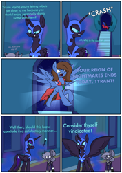 Size: 3000x4242 | Tagged: safe, artist:moonatik, imported from derpibooru, part of a set, nightmare moon, oc, oc:bizarre song, oc:selenite, alicorn, bat pony, pegasus, 5 panel comic, alternate timeline, angry, armor, bat pony oc, bat wings, boots, cape, castle, clothes, comic, dialogue, feathered wings, female, hair bun, happy, helmet, high res, mare, military uniform, new lunar millennium, nightmare takeover timeline, part of a series, pegasus oc, peytral, shoes, spread wings, tail bun, uniform, wings