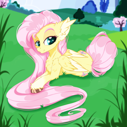 Size: 2500x2500 | Tagged: safe, artist:rurihal, imported from derpibooru, fluttershy, pegasus, pony, chest fluff, ear fluff, grass, high res, looking at you, lying down, tree