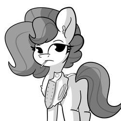 Size: 3000x3000 | Tagged: safe, artist:tjpones, imported from derpibooru, oc, oc only, oc:brownie bun, earth pony, pony, horse wife, black and white, butt, cigarette, female, grayscale, high res, iron, lidded eyes, looking at you, looking back, looking back at you, mare, monochrome, plot, pun, sexy, simple background, solo, visual pun, white background
