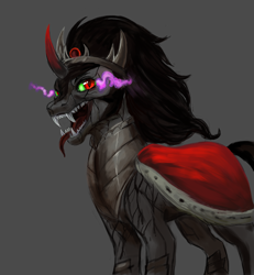 Size: 4121x4453 | Tagged: safe, artist:misstwipietwins, imported from derpibooru, king sombra, pony, unicorn, cape, clothes, colored horn, curved horn, fangs, glowing eyes, gray background, horn, male, open mouth, simple background, slit eyes, slit pupils, smiling, solo, sombra eyes, sombra horn, stallion, teeth, tongue out